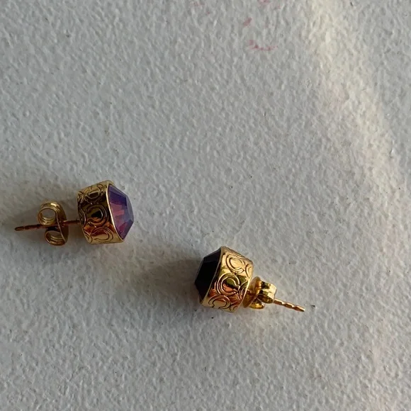 Coach Earrings Gold Tone and Purple Crystal/Glass Studs - Picture 8 of 17